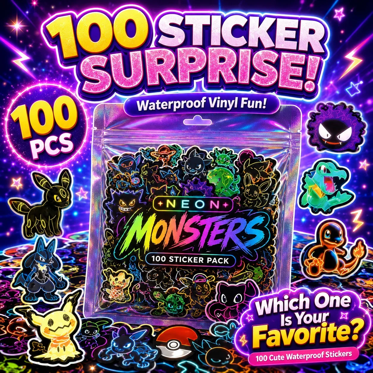 Skateboard - 100 Adesivos Neon Pokémon à Prova